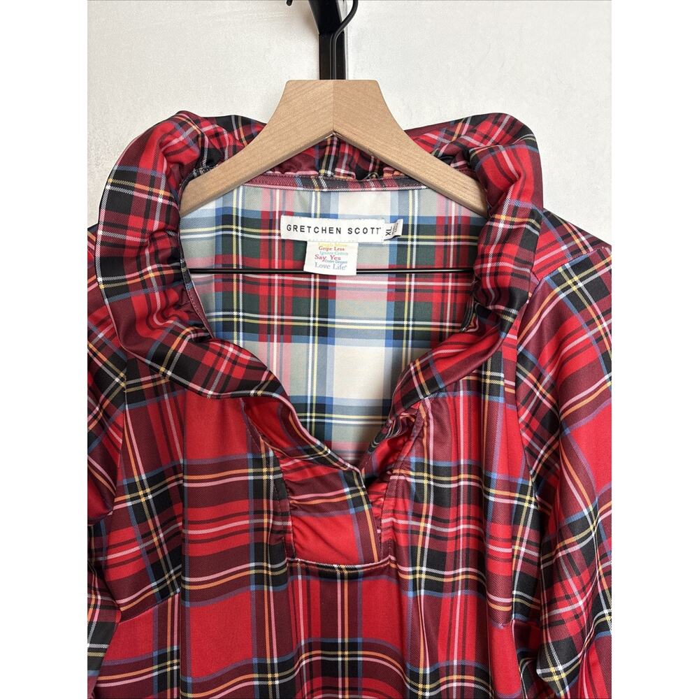 Gretchen Scott Ruffneck Top Womens XL Red Plaid 3/4 Sleeve Contrast Cuff Festive - Picture 3 of 11